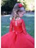 Long Sleeves Red Lace Tulle Floor Length Flower Girl Dress Long Sleeves Red Lace Tulle Floor Length Flower Girl Dress
